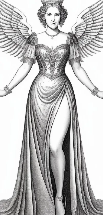 Black and white illustration of a winged lady with elegant gown and crown.