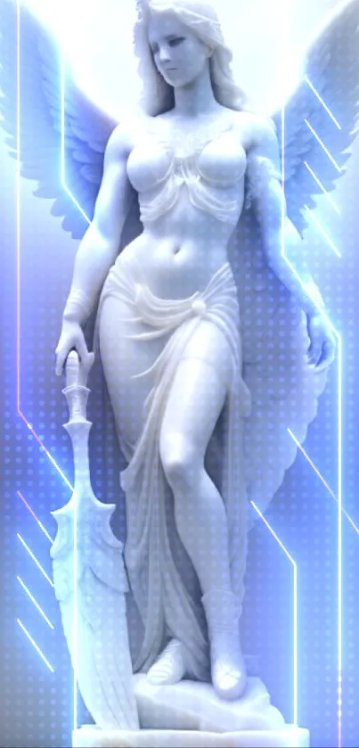 Elegant marble statue with wings and sword in artistic mobile wallpaper.