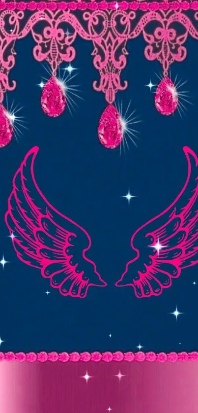 Elegant pink wings and gems on a dark blue background wallpaper.