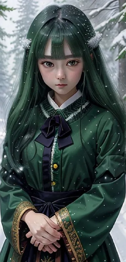 Anime character in green dress amidst snowy forest setting.