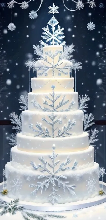 Elegant winter cake with snowflake design, perfect for a festive mobile wallpaper.