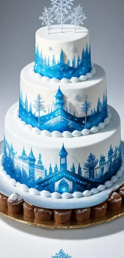 Beautiful winter-themed cake with blue snowy designs.