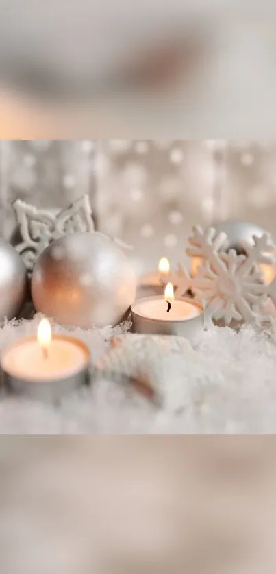 Elegant winter setting with candles, silver decorations, and snowflakes.