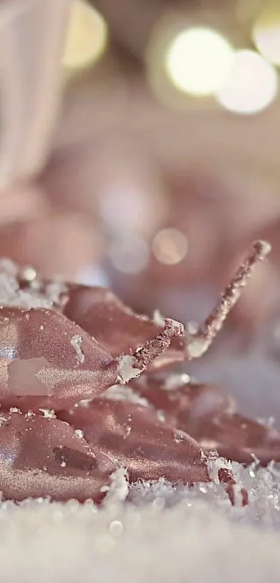 Rose gold candles on a snowy background with bokeh lights.