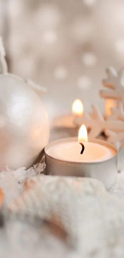 Elegant winter wallpaper with silver ornaments and candles on snow.