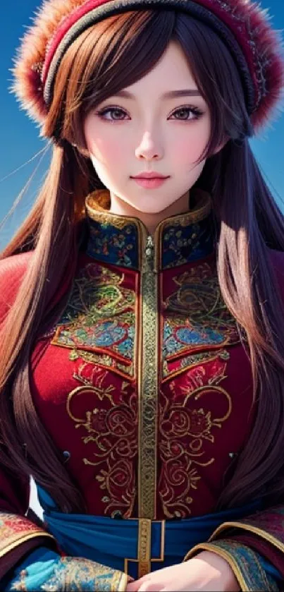 Fantasy character in red winter attire.