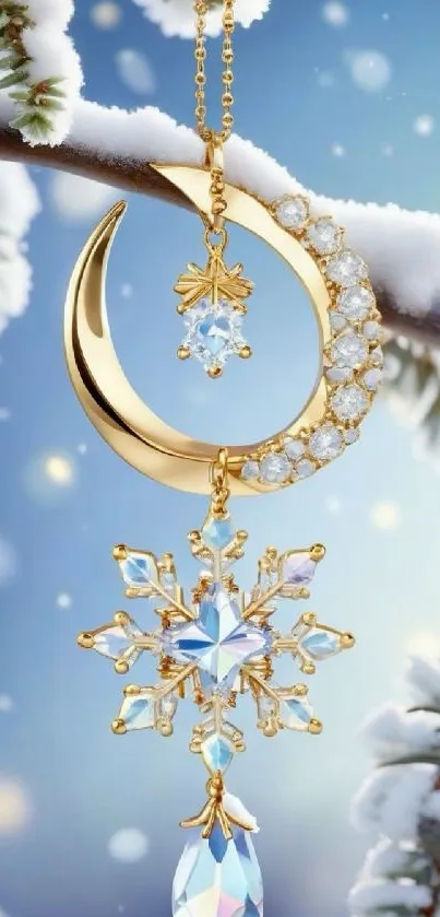 Elegant gold crescent and snowflake pendant with sky blue winter background.