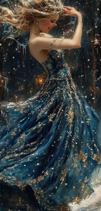 Woman dancing in blue gown amidst snow-covered forest