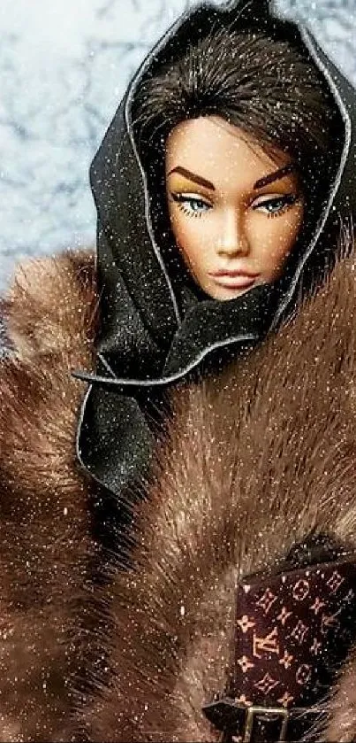 Elegant doll in fur coat against snowy backdrop.