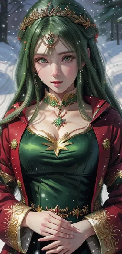 Fantasy character in a snowy forest with emerald green dress.