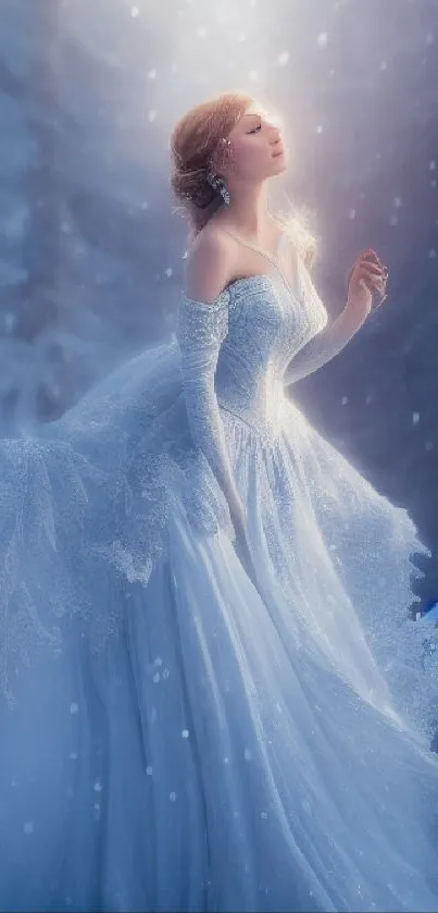 Elegant woman in blue gown amidst snowy forest under soft light.