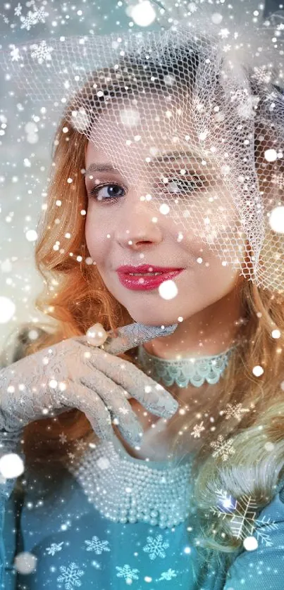 Elegant winter-themed wallpaper with snowflakes and a woman in vintage style.