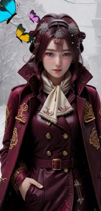 Elegantly dressed woman in burgundy coat with butterflies, snowy street backdrop.