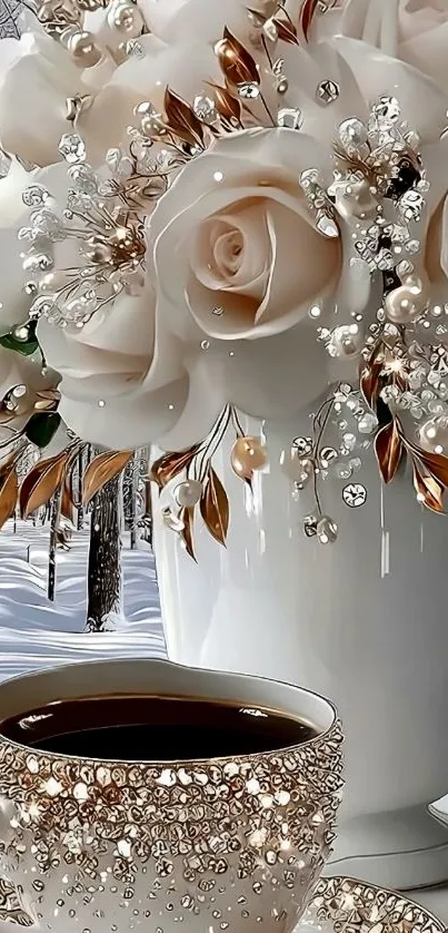 Elegant floral arrangement with white roses and pearl accents in winter.