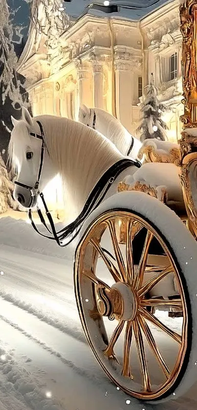 Elegantly decorated horse-drawn carriage in a snowy winter setting.