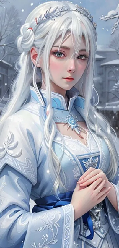 Elegant winter lady in snowy landscape, blue dress.