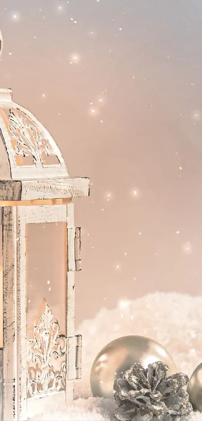 A glowing lantern on snowy ground with holiday decorations.