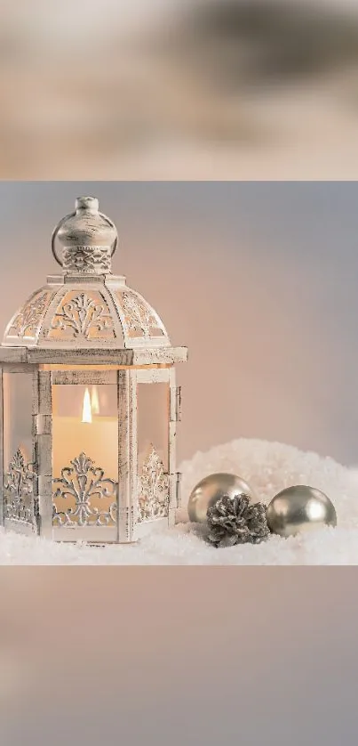 Elegant winter wallpaper with a vintage lantern in the snow.