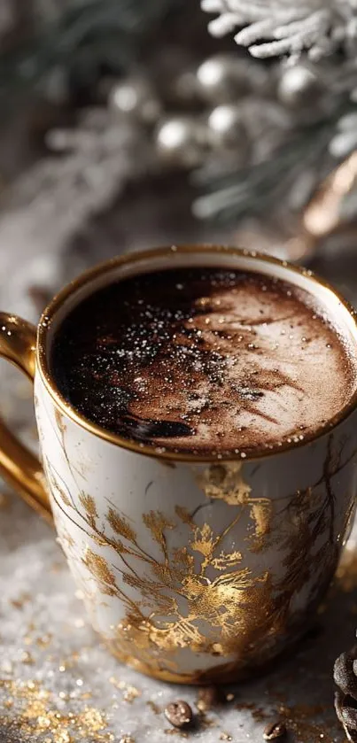 Golden mug with winter theme on festive background.
