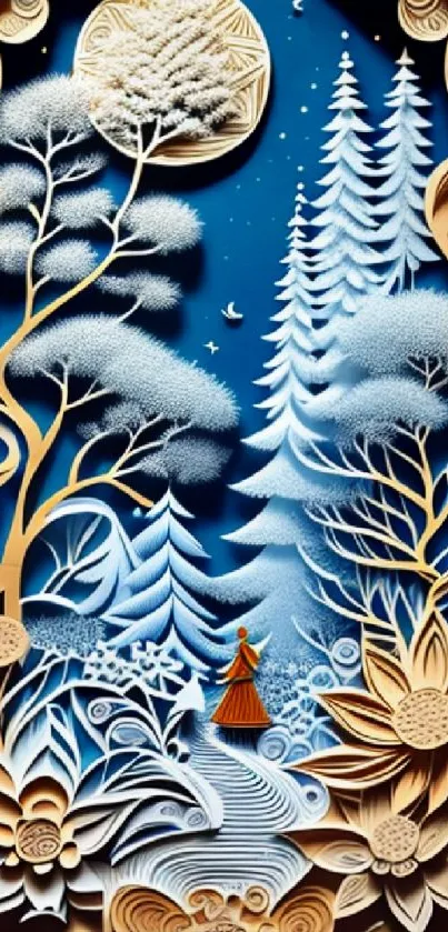 Whimsical winter night with elegant paper cut art in navy and white hues.