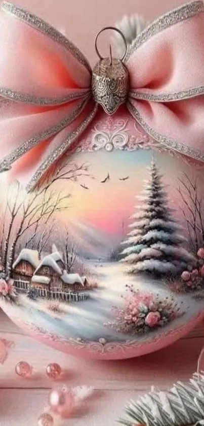 Elegant ornament with pink ribbon featuring a winter landscape on a mobile wallpaper.