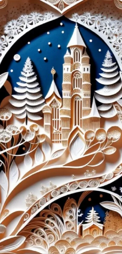 Intricate winter paper art with cathedral and trees in blue and white.