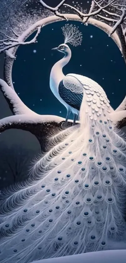 Peacock perched under snowy tree in moonlit night