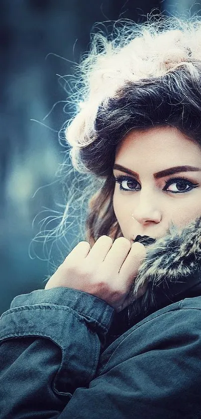 Woman in winter coat with stylish look and blue background.