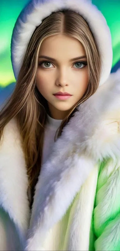 Young woman in fur coat with vibrant backdrop.