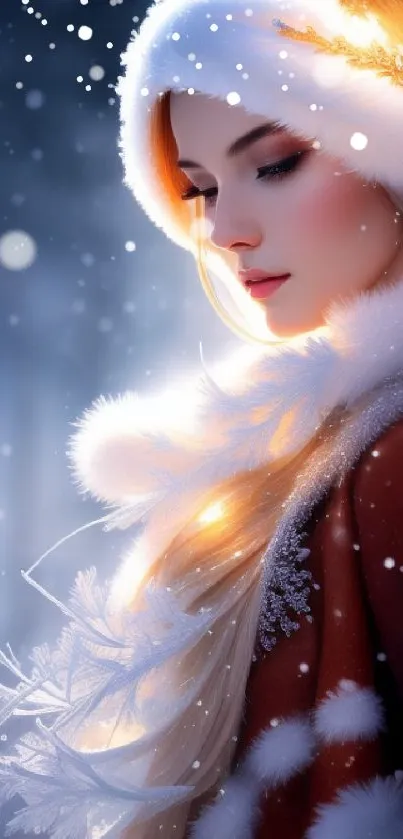 Elegant winter portrait with snowflakes and serene light.