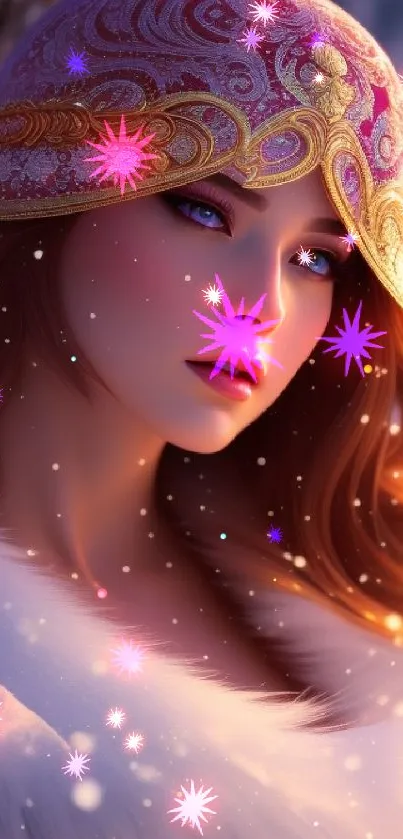 Elegant woman with auburn hair in a detailed winter setting.