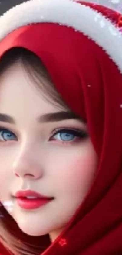 Stylish woman in red hood with blue eyes in winter portrait.