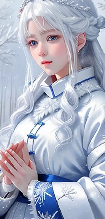 Elegant character in a snowy winter scene mobile wallpaper.