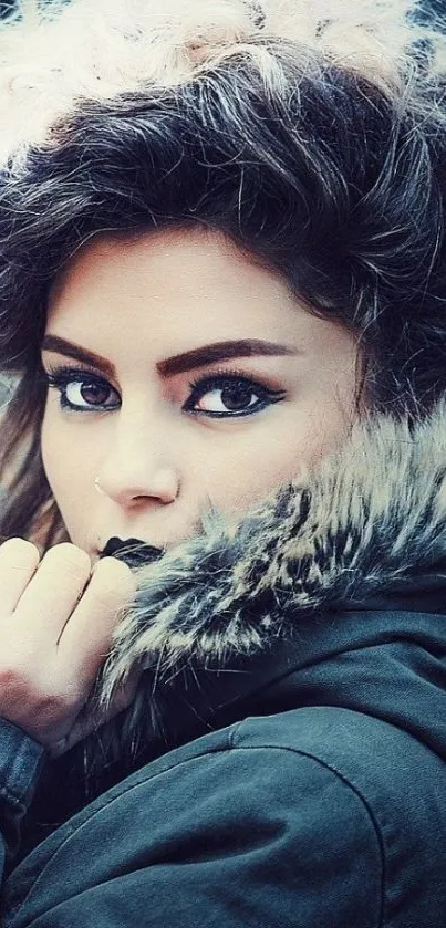 Elegant winter portrait of a woman with captivating eyes in fur-lined coat.