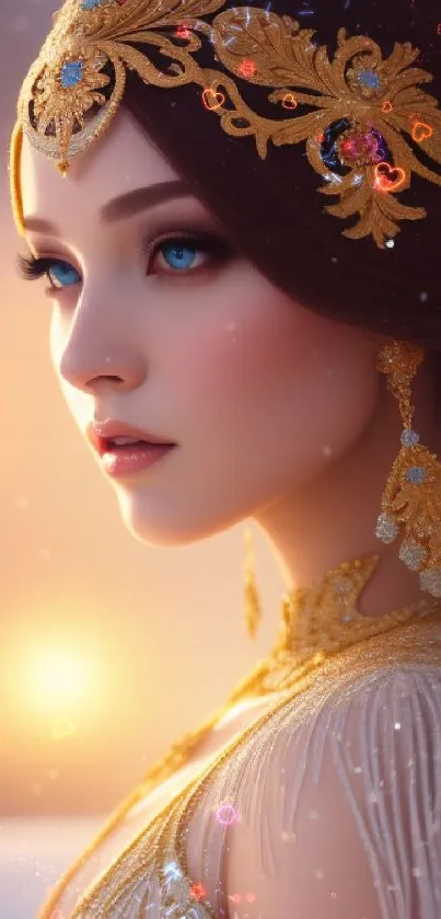 Elegant portrait of a princess in golden jewelry at sunset.