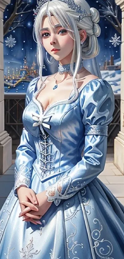 Princess in elegant blue gown in winter palace setting.