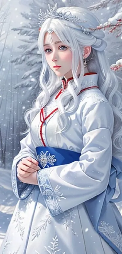 Elegant winter princess in snowy forest wallpaper.