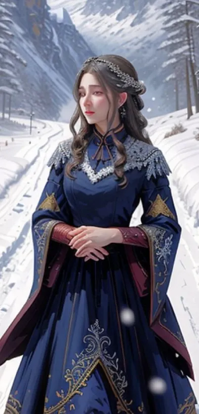 Elegant princess in blue gown on snowy path.