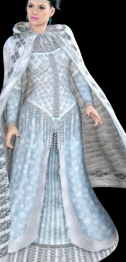 Elegant winter queen with icy blue gown and detailed patterns on black background.