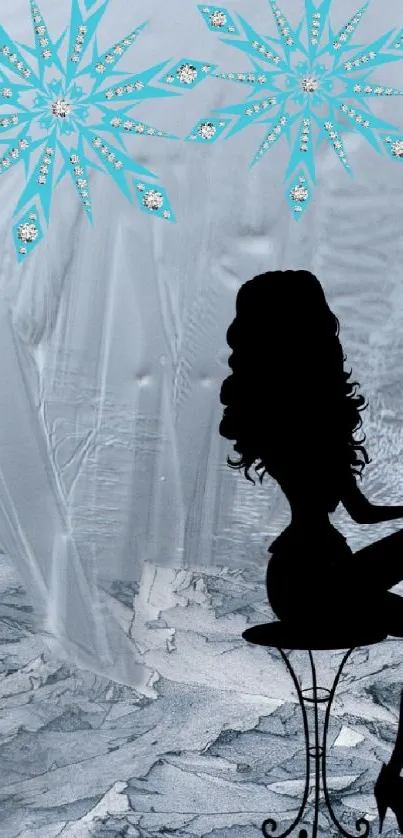 Mobile wallpaper with a silhouette in icy snowflake scenery.