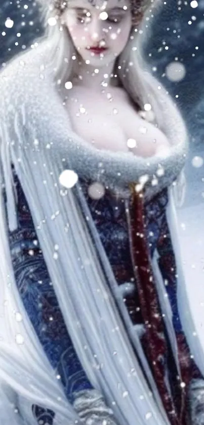 Snow maiden in elegant attire with snowy background art.