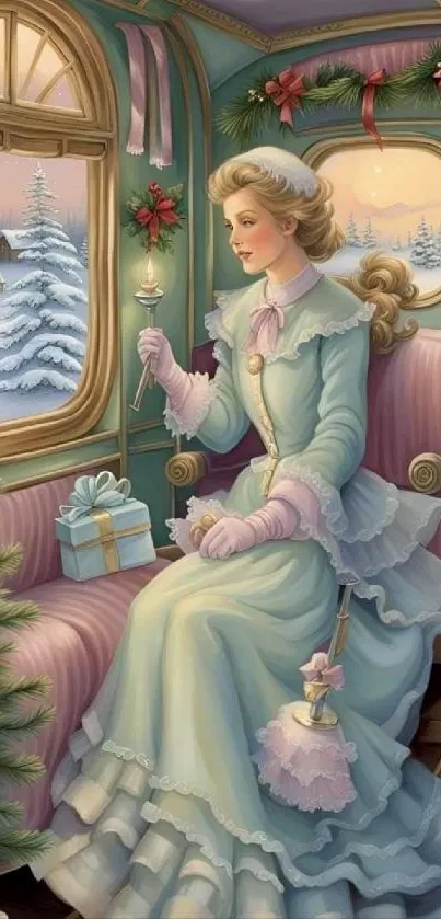 A woman in 19th-century attire on a festive train in winter.