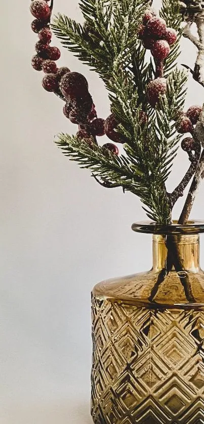 Elegant textured vase with frosted berries and evergreen branches.