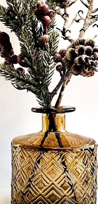 Vintage vase with pinecones and berries on a winter-themed wallpaper.