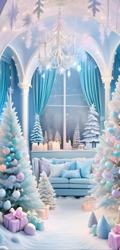 Elegant winter wonderland decor with trees and pastel accents.