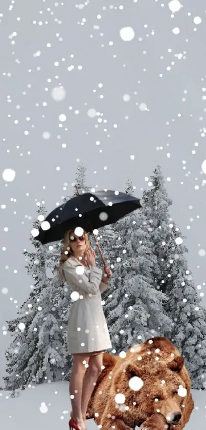 Woman with umbrella and bear in snowy forest wallpaper.