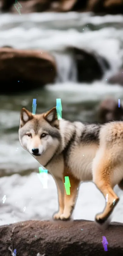 Wolf elegantly standing by a river.