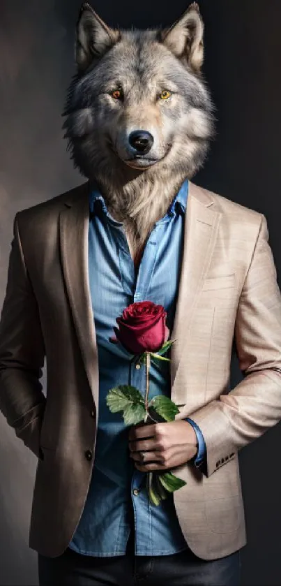 A wolf in a suit holding a red rose on a mobile wallpaper.