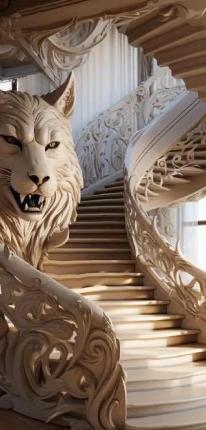 Intricately carved wolf staircase design with natural light.