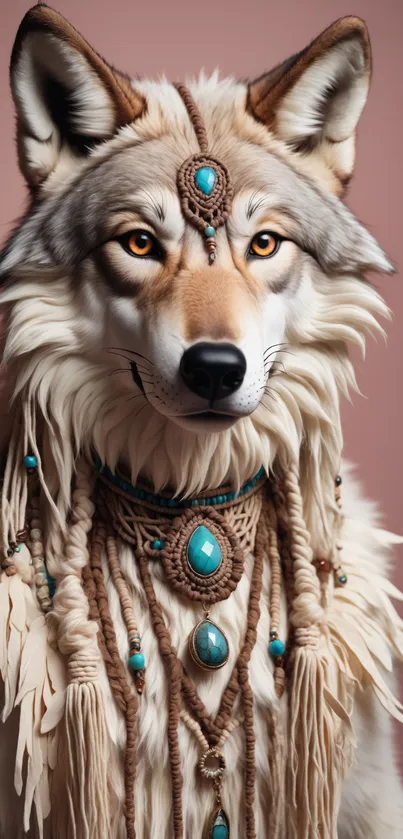 Elegant wolf with tribal jewelry on blush pink background.